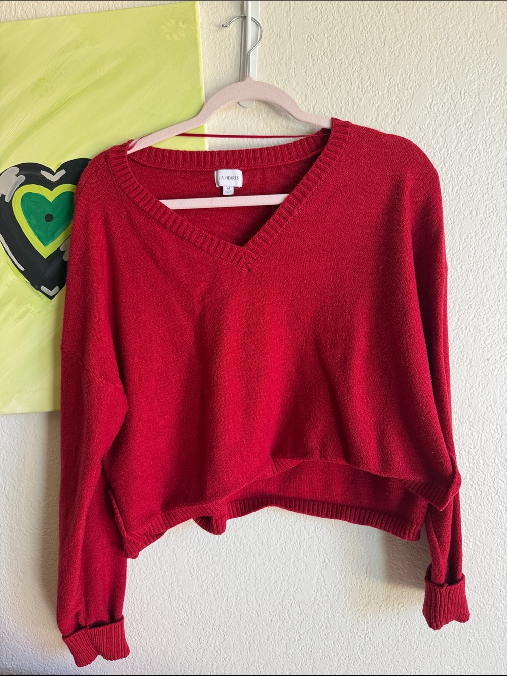 PacSun La Hearts Red V-Neck Cropped Knit Sweater